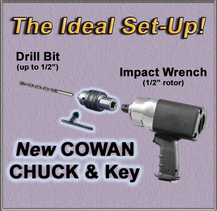 This picture is an exploded view of an impact wrench with our impact wrench drill chuck & key, and a drill bit.